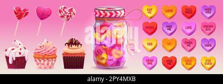 Bunte Konversationsbonbons, Karamelllutscher und Muffins isoliert auf pinkfarbenem Hintergrund. Vektor-Cartoon-Illustration herzförmiger Süßigkeiten mit Liebesbotschaft. Dessert für eine romantische Überraschung Stock Vektor