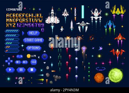 Space Galaxy 8-Bit-Arcade-Pixel-Spiel. Videospielvektor-Element der 8bit Plattform mit Schriftart, Gamepad-Schaltflächen, Lebenslevel und fantastischen Raumschiffen, pl Stock Vektor