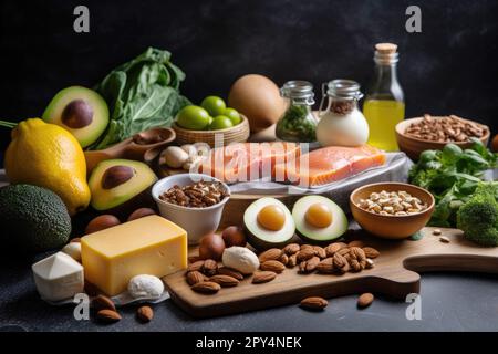 Keto-Diät, für die Diät geeignete Produkte liegen auf dem Tisch Stockfoto