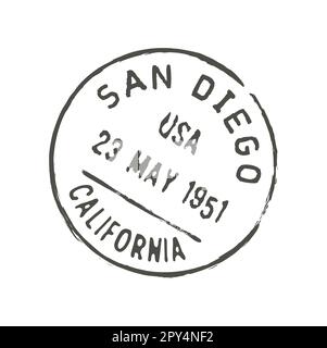 Porto und Briefmarke von San Diego. Briefumschlag oder Paketdruck, USA Poststempel mit Grunge Vektortinte oder Postzustellung starten Stock Vektor