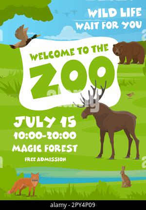 Zoo Flyer mit Waldtieren und Vögeln im Forest Park für Tierabenteuer und Vektorposter. Einladungsflyer zum Kinderzoo oder Naturpark mit Wildbären Stock Vektor