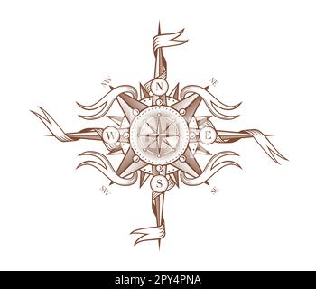 Klassische Windrose, mittelalterlicher Kompass mit Bändern, Segeln oder Piratenkartenvektor Marinesymbol. Altmodischer Windrosenkompass mit Holzgravierung Stock Vektor