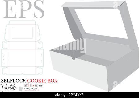 Selbstsperrende Cookie-Box-Vorlage, Vektor mit Stanzung, lasergeschnittene Ebenen. Illustration des Kästchens „Cookies“ mit Fenster. Weiße, durchsichtige, leere, isolierte Papierbox Stock Vektor