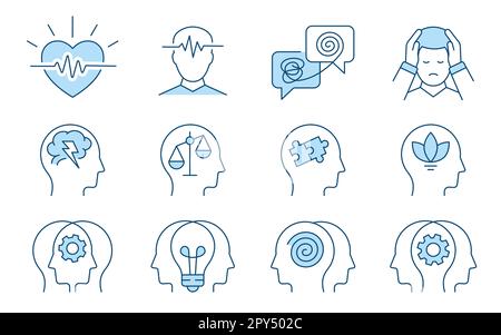 Symbole für psychische Gesundheit, wie Psychologie, Angst, Therapie, Panikattacke und mehr. Vektordarstellung auf weiß isoliert. Bearbeitbare Kontur. Wechseln Sie zu einem Stock Vektor