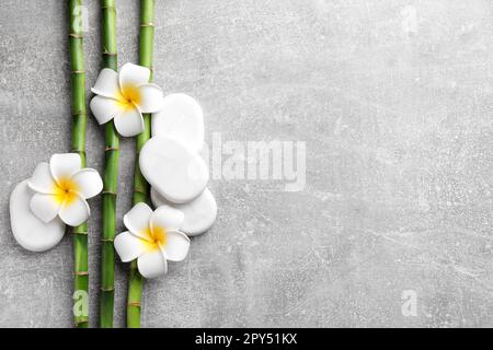 Wellnesssteine, Plumerieblumen und Bambusstämme auf hellgrauem Tisch, flach liegend. Platz für Text Stockfoto