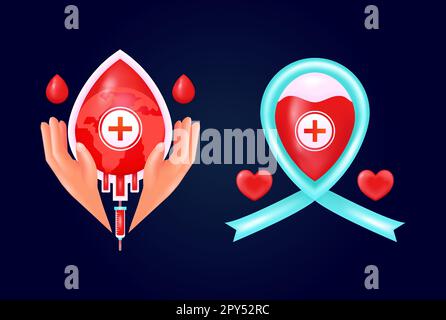 Blutspendertag, 3D Vektorelemente der Hände umarmten Blutbeutel und Gesundheitsband. Geeignet für Designelemente Stock Vektor