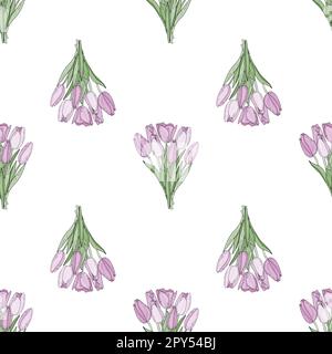 Handgezeichnetes nahtloses Vektormuster eines isolierten Straußes rosa Tulpen mit Blättern im Kritzelstil Stock Vektor