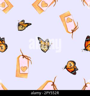 Aquarelle zeichnen eine Beziehung fliegender Schmetterlinge und Namensschilder mit Herzen auf hellblauem Hintergrund. Schönes Bild zur Illustration, Aufkleber, Karten Stockfoto