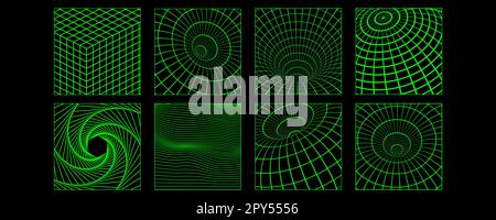 3D-Drahtmodell-Poster mit geometrischen Formen und Gittern im trendigen Cyberpunk 80s 90s-Retro-Stil. Y2K-Ästhetik. Stock Vektor