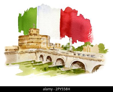 Aquarell-Darstellung von Rom, Italien, handgezeichnetes Panorama von Tiber, Brücke und alte Festung mit italienischer Flagge. Stockfoto