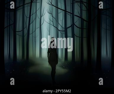 Gruseliger, nebliger Wald bei Nacht oder Dämmerung, eine geheimnisvolle Frau im Vordergrund zu sehen Stockfoto