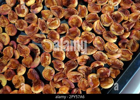 Hausgemachte Aprikosen trocknen, Obst trocknen im Sommer, Obst trocknen in der Sonne Stockfoto