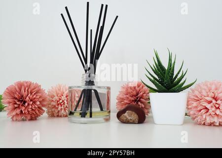 Zusammensetzung rosa künstlicher Blüten, Weihrauchstäbchen in einer Glasvase mit ätherischem Öl. Stillleben auf einem weißen Tisch. Aloe-Blume in einem weißen Topf. Zimmer- und Apartment-Einrichtung, Inneneinrichtung. Stockfoto