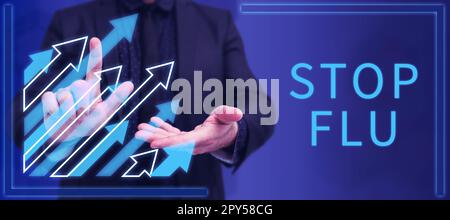 Textüberschrift mit Stop Grippe. Wort für die Behandlung der ansteckenden Atemwegserkrankung, die durch Grippevirus verursacht wird Stockfoto