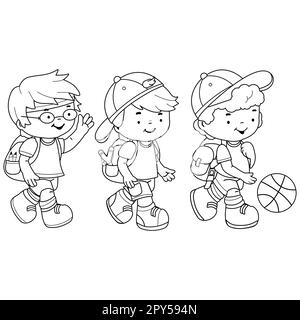 Drei Kinder treffen sich nach der Schule, um Basketball zu spielen. Schwarzweiß-Farbseite Stockfoto