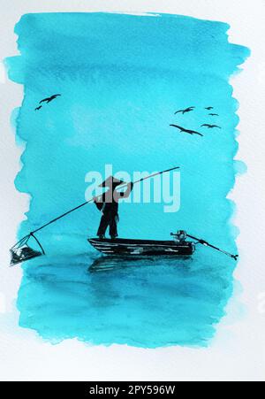 Ein Fischer in einem Boot fängt Fische in der Nähe des Meeres, Aquarellzeichnung. Blauer Hintergrund. Druck auf Leinwand Stockfoto