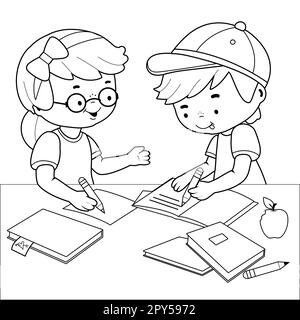 Kinder machen ihre Hausaufgaben auf einem Schreibtisch. Schwarzweiß-Farbseite Stockfoto