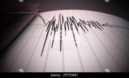 Seismographische Daten eines grossen Erdbebens. Seismische Wellen auf der Berichtseite. 3D Abbildung. Stockfoto