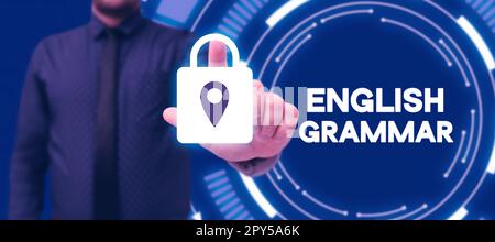 Textzeichen mit englischer Grammatik. Die Kurse für Konzeptfotos decken alle Ebenen der englischen Sprache und des Schreibens ab Stockfoto