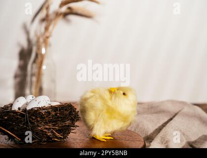 Osterzusammensetzung von Wachtelfleckeneiern im Nest, Huhn auf Holztisch und Weizenzweig in Glas auf weißem Hintergrund. Stockfoto