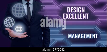 Textüberschrift mit „Design Excellent Management“. Wort über technische Aspekte von Werkstoffen und Bausystemen Stockfoto