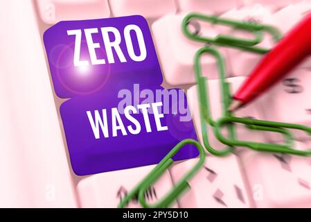 Textbeschriftung mit „Zero Waste“. Geschäftskonzept industrielle Verantwortung umfasst Kompostierung, Recycling und Wiederverwendung Stockfoto