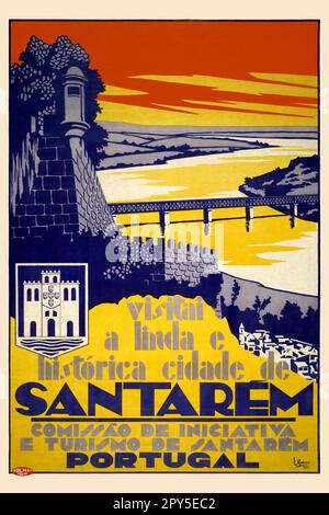 Visitai a linda e histórica cidade Santarém von E. Romero (1888-1939). Poster wurde 1931 in Portugal veröffentlicht. Stockfoto