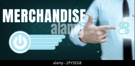 Textbeschriftung mit Merchandise-Artikeln. Konzept, das die Waren oder Waren bezeichnet, die im Unternehmen gekauft und verkauft werden Stockfoto