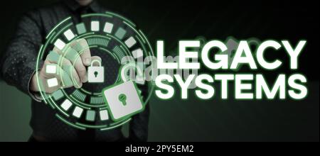 Handgeschriebenes Schild Legacy Systems. Wort auf altem Methodentechnologie-Computersystem oder Anwendungsprogramm geschrieben Stockfoto