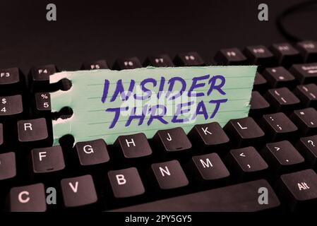 Textunterschrift stellt Insider-Bedrohung dar. Wort für Sicherheitsbedrohung, die aus dem Unternehmen stammt Stockfoto
