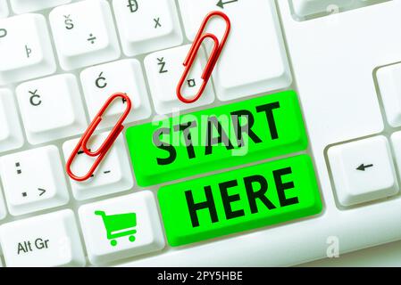 Konzeptionelle Beschriftung: Beginnen Sie hier. Geschäftskonzept, das jemandem mitteilt, dass dies der Ausgangspunkt für den Übergang vom Ziel zum Ziel ist Stockfoto