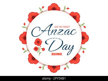 Anzac Day of Lest We Forget Illustration mit Remembrance Soldier Paying Respect und Red Poppy Flower in Flat Hand Drawn für Landing Page Templates Stockfoto