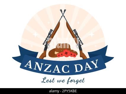 Anzac Day of Lest We Forget Illustration mit Remembrance Soldier Paying Respect und Red Poppy Flower in Flat Hand Drawn für Landing Page Templates Stockfoto