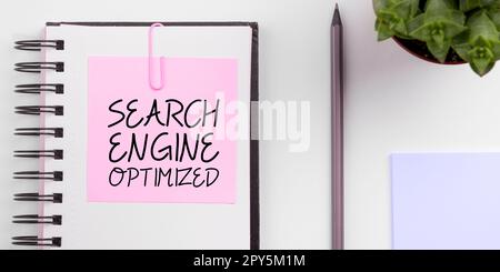 Schreiben mit Anzeige von Text Suchmaschine optimiert. Geschäftsansatz zur Maximierung der Besucherzahl einer Website Stockfoto