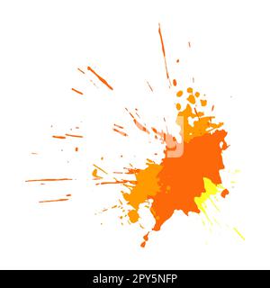 Tropfenweise farbige Flecken und Farbspritzer. Leuchtend gelbes Orange mit Wasserfarben und Acrylspritzer auf weißem Papier. Farbtropfen, Pinselstriche für d Stock Vektor