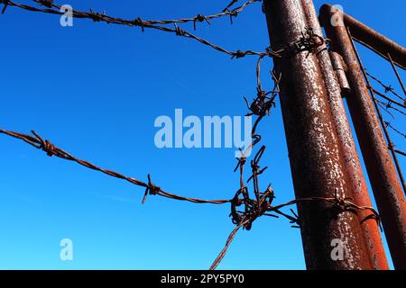 Stacheldraht, Doppeldraht, Metallband mit scharfen Spitzen für Barrieren. Rostiger Stacheldraht am blauen Himmel. Der Begriff Krieg, die Einschränkung von Rechten und Freiheiten. Eisenstange. Stockfoto