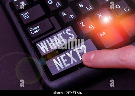 Textunterschrift für „Was kommt als Nächstes?“. Konzeptfoto Informationen abrufen Abfrage untersuchen Sonden untersuchen untersuchen Stockfoto