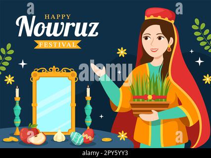 Happy Nowruz Day oder Iranian New Year Illustration mit Grass Semeni and Fish for Web Banner oder Landing Page in Flat Cartoon handgezeichnete Vorlagen Stockfoto