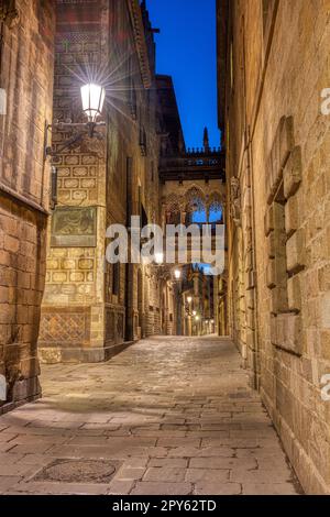 Das historische Barrio Gotico in Barcelona bei Nacht mit der Pont del Bispe Stockfoto