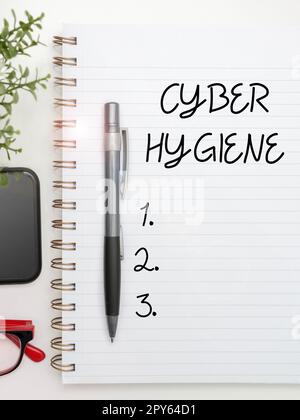 Inspiration mit dem Schild Cyber Hygiene. Geschäftskonzepte Schritte, die Computerbenutzer Unternehmen, um ihre Cyber-Sicherheit zu verbessern Stockfoto