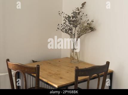 Trockene Pflanzen im minimalistischen Glasgefäß. Vertikales Bild eines Astes mit trockenen Blättern in einer eleganten, einfachen Glasvase. Dekoration und Innendesign Stockfoto