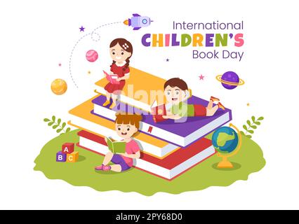 Internationaler Tag für Kinderbücher am 2. April Illustration mit Kindern Lesen oder Schreiben von Büchern in einem flachen Cartoon, handgezeichnet für Landing-Page-Vorlagen Stockfoto