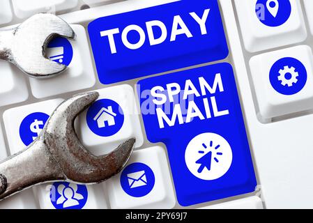 Konzeptionelle Anzeige von Spam-Mails. Ein Wort, das auf aufdringlicher Werbung geschrieben wurde, unangemessene Nachrichten, die im Internet gesendet werden Stockfoto