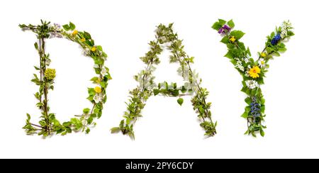 Blühende Blumenbriefe Bauen Englischen Wortstag Auf Stockfoto