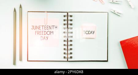 Handschriftlicher Text Juneteenth Freedom Day. Begrifflicher Foto-gesetzlicher Feiertag in den Vereinigten Staaten zum Gedenken an das Ende der Sklaverei Stockfoto