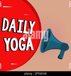 Inspiration mit Schild „Daily Yoga“. Wortschreibung auf einer Reihe von Yoga-Workouts, um verschiedene Körperteile zu trainieren Stockfoto