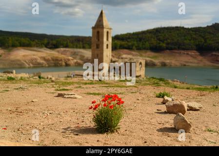 Sau, Spanien - 28. April 2023: Ein alter Glockenturm wird am Sau-Reservoir gesehen, da die durch den Klimawandel verursachte Dürre zu Wasserknappheit in Spanien und führt Stockfoto