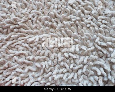 Nahaufnahme eines langen Haufens auf dem Teppich in Beige oder Grau. Rutschfeste Badvorleger oder Toilette. Langer Teppich. Zecken in Teppichen Stockfoto