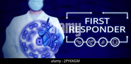 Textzeichen für Ersthelfer. Konzeptfoto eine Person, die dafür verantwortlich ist, sofort zum Unfall zu gehen Stockfoto