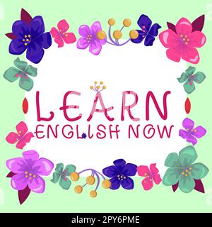 Textunterschrift Präsentation Englisch jetzt lernen. Geschäftsansatz Erwerb oder Erwerb von Kenntnissen und Fähigkeiten in der englischen Sprache Stockfoto